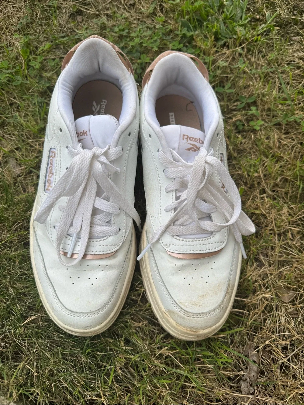 Reebok White Leather Sneakers with Blush Heel